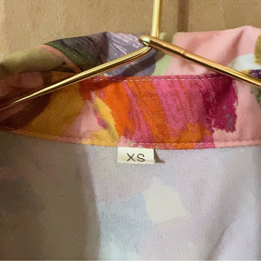 Abstract Watercolor Print Button Front Tiered Popover Mini Shirt Dress Size XS - Picture 4 of 13